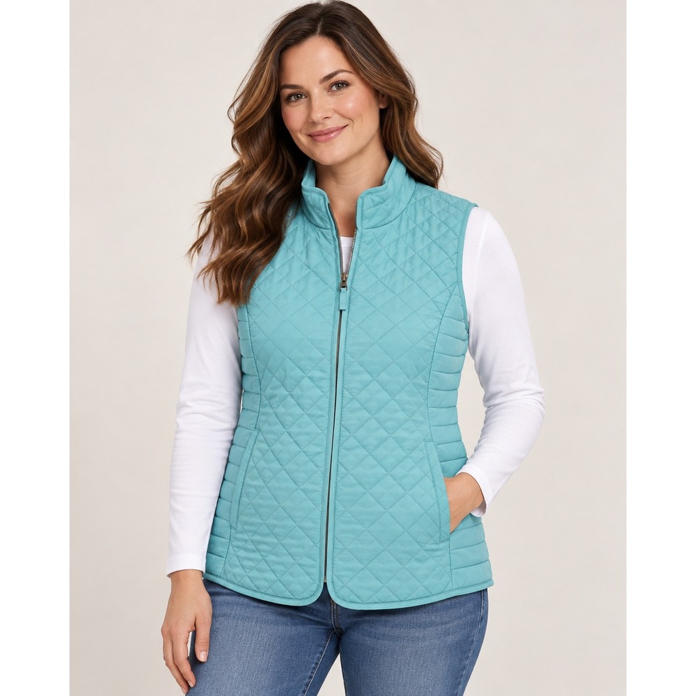 Talbots Petites Aqua Blue Quilted Zip Front Vest Mock Neck M